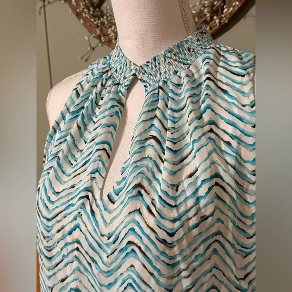 White House Black Market Wm Dress Printed Smock Sleeveless Blue High Neck Size M - Picture 3 of 11